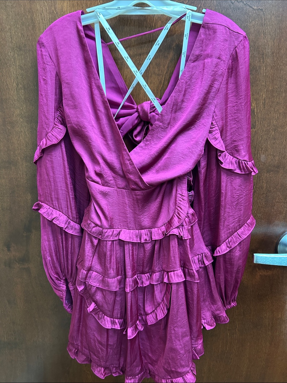 Long-Sleeve Ruffle Wrap Dress in Magenta